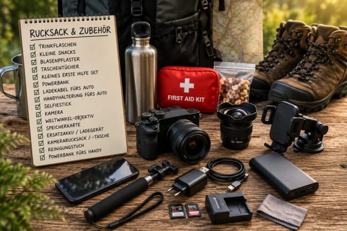 Reise- und Fotografie-Ausrüstung zum Packen
